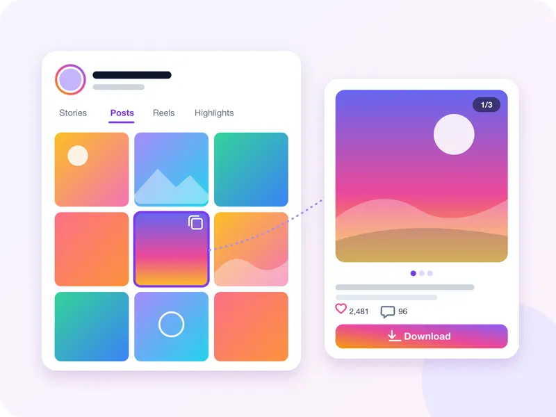 Illustration of a 3-by-3 grid of public Instagram posts with one carousel post opened beside it, showing slide 1 of 3, like and comment counts, and a Download button