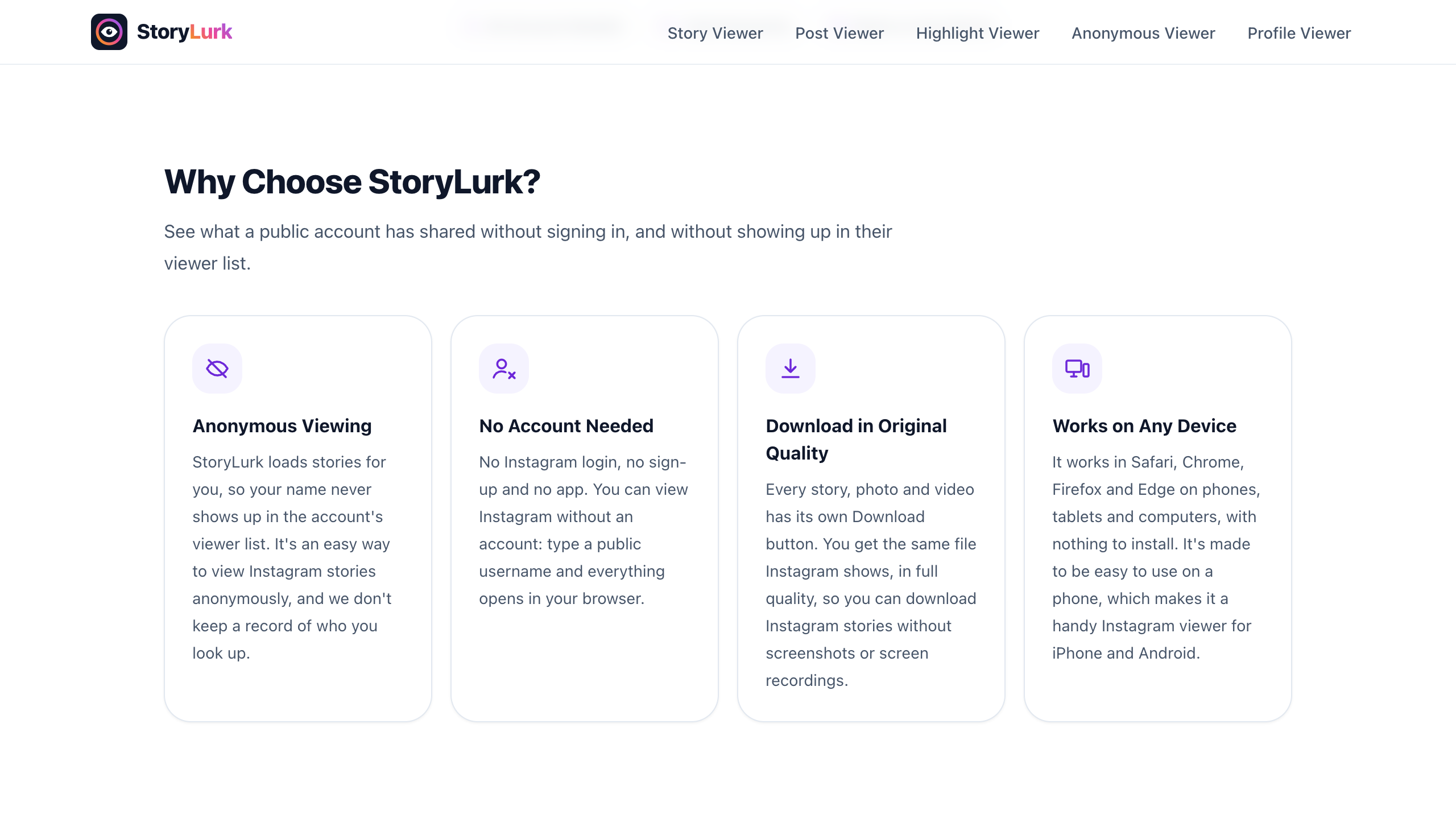 The Why Choose StoryLurk section with four cards: Anonymous Viewing, No Account Needed, Download in Original Quality and Works on Any Device