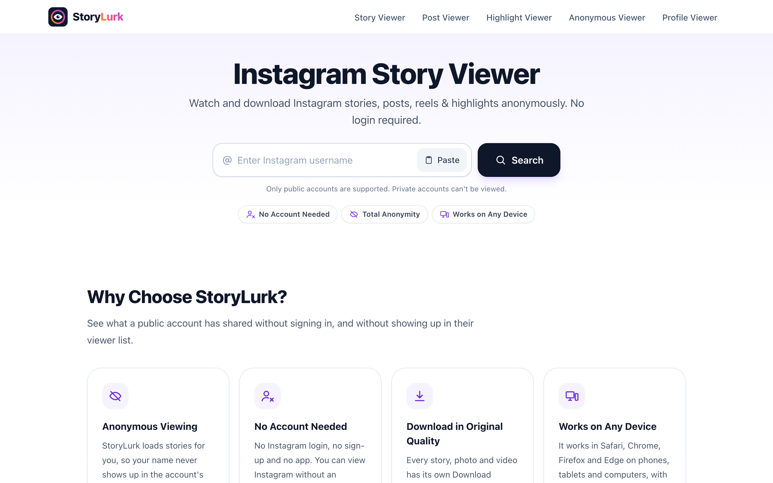 StoryLurk homepage on a computer: the Instagram Story Viewer heading, a username search box with Paste and Search buttons, and badges for no account needed, total anonymity and works on any device