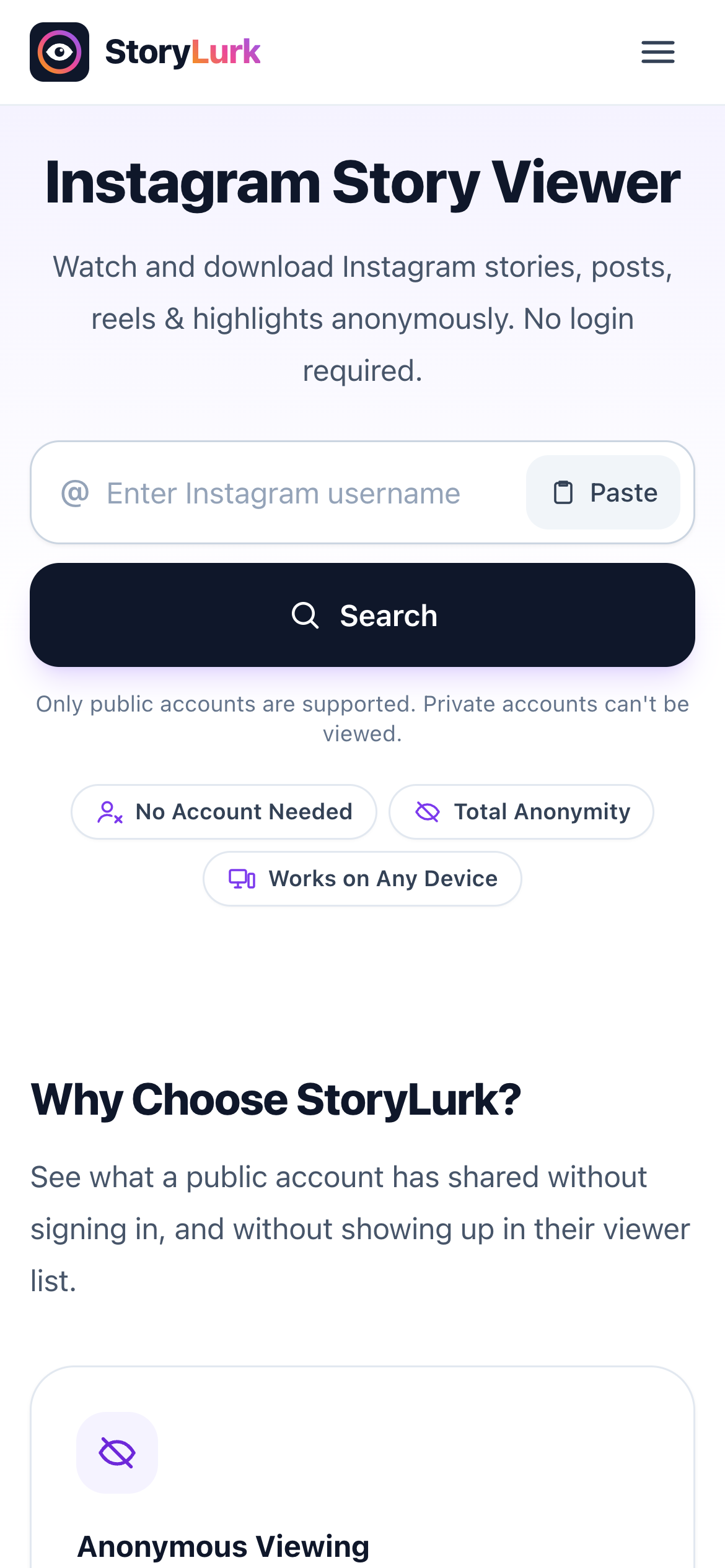 StoryLurk homepage on a phone, with the username search box and a full-width Search button